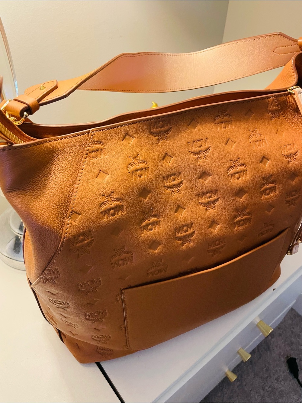 MCM Cognac Embossed Leather Shoulder Bag - Picture 9 of 11